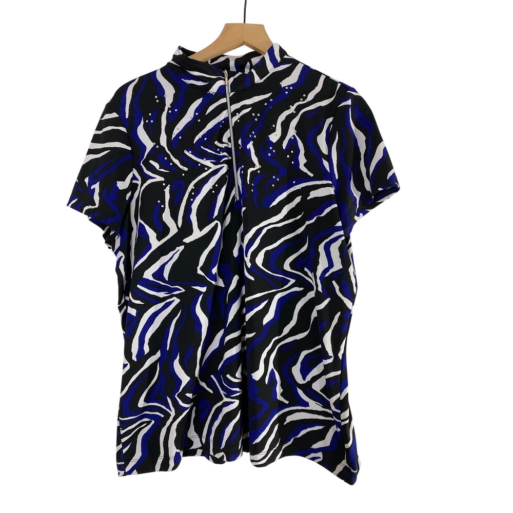 Zenergy Golf Chico's Top Women 3 Blue Excellent Zebra Print Rhinestone Zip Mock